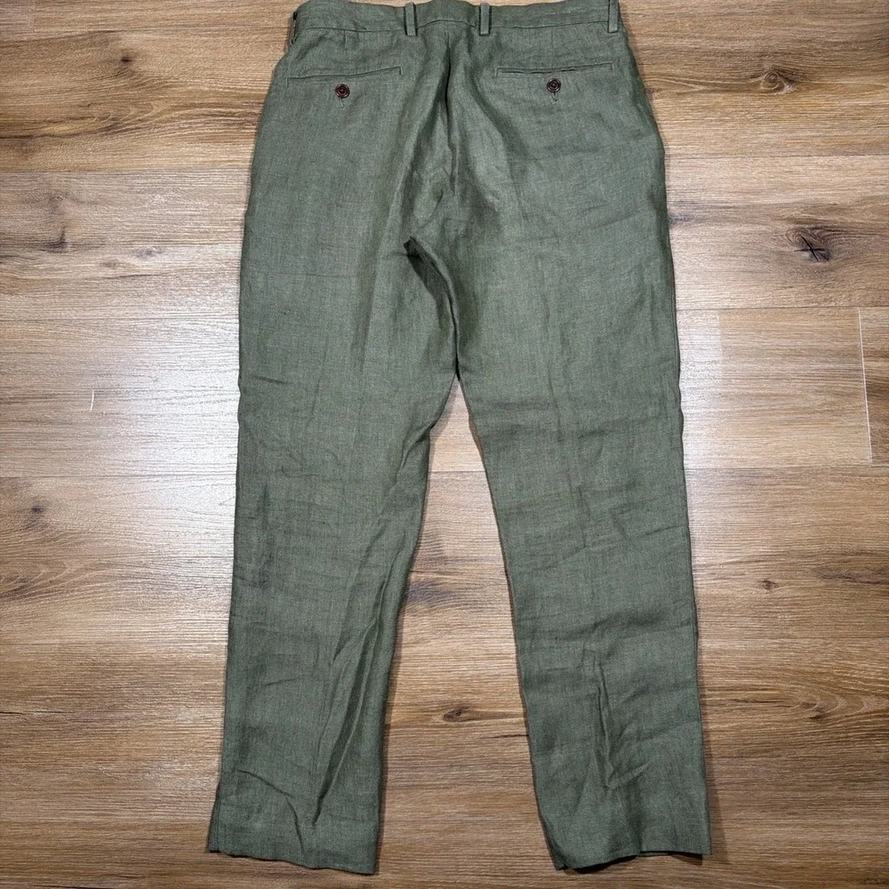 J Crew Bowery Pants Mens 29x30 Green Baird McNutt Irish Linen Herringbone Slim